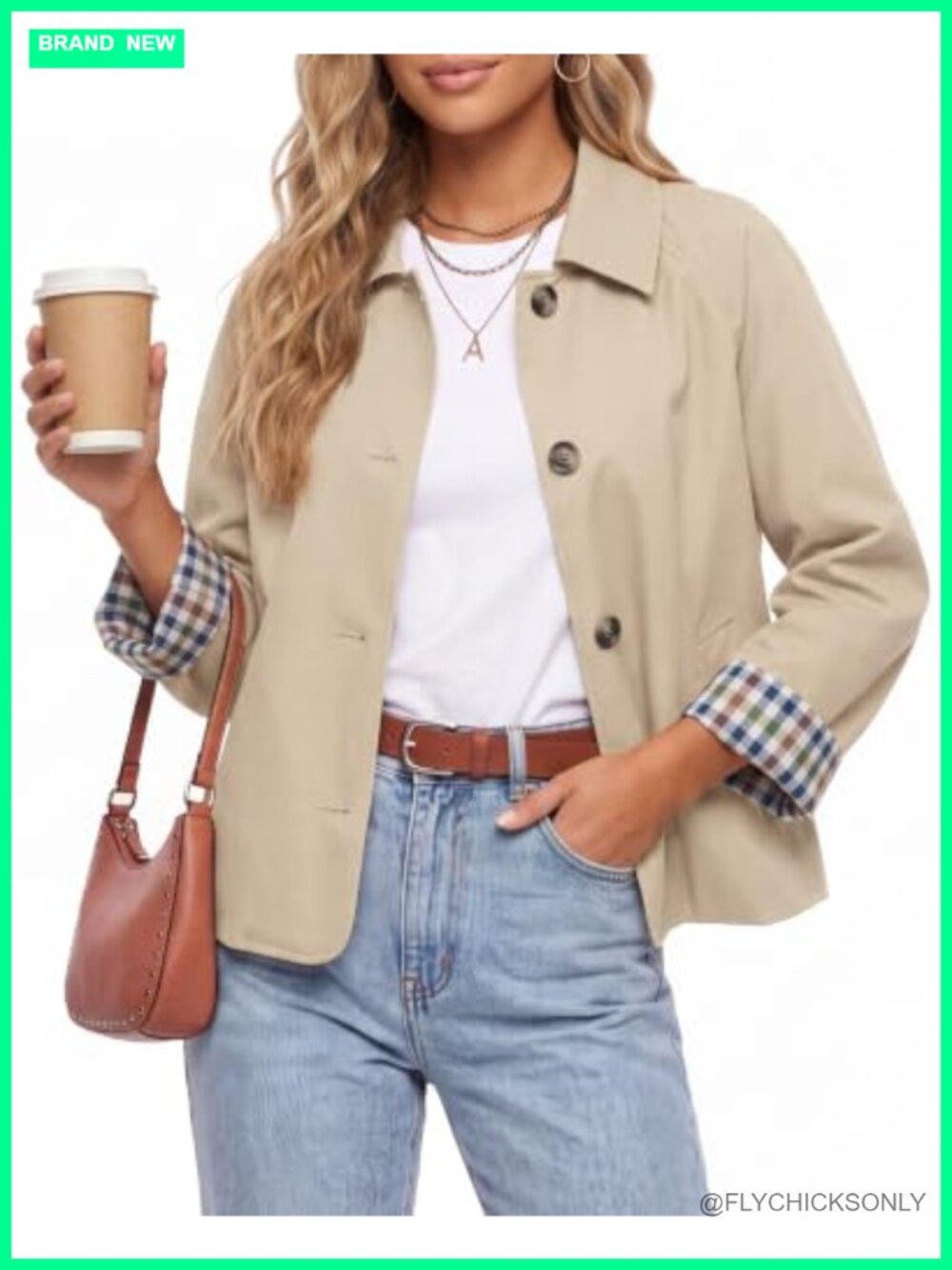 Womens Cropped Trench Coat Plaid Lining Button Down Casual Jacket